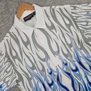 Sapphire Lounge Men's Size XL Button Up Shirt White Blue Gray Flames Party Funky